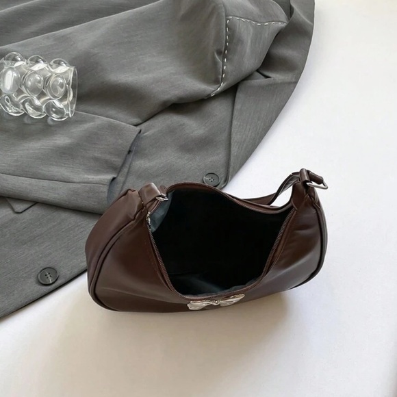 Brown leather shoulder bag with bow detail | armpit dumpling crescent moon purse - Picture 10 of 11